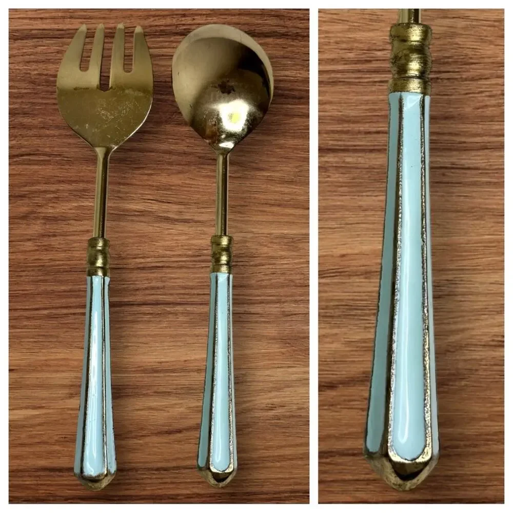 Vintage Serving Spoon & Fork Set Gold Tone Brass Handles MCM Hollywood Regency